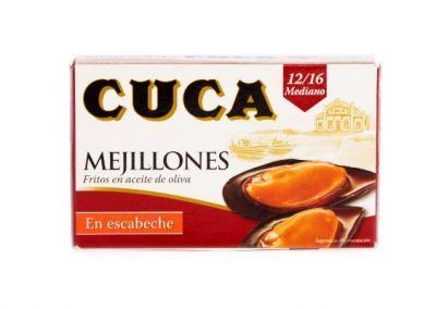 lata de mejillones en escabeche fritos en aceite de oliva medianos 12/16 cuca